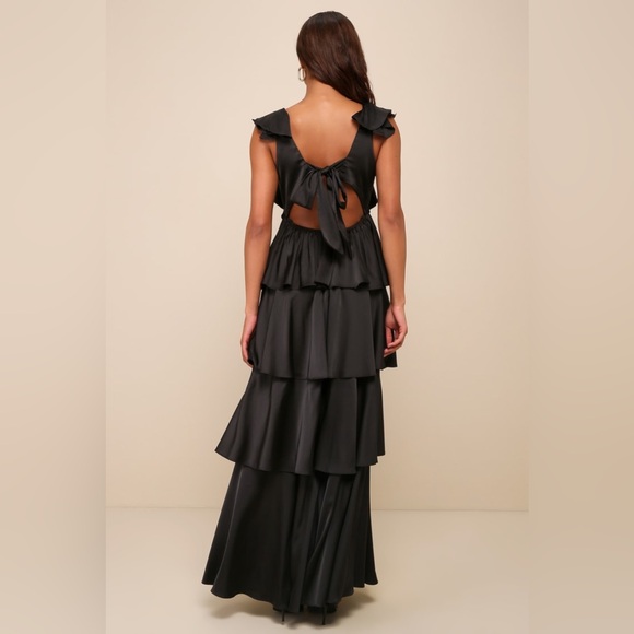 Lulus-Glorious Essence Black Satin Ruffled Tiered Tie-Back Maxi Dress (Medium) - Picture 3 of 5